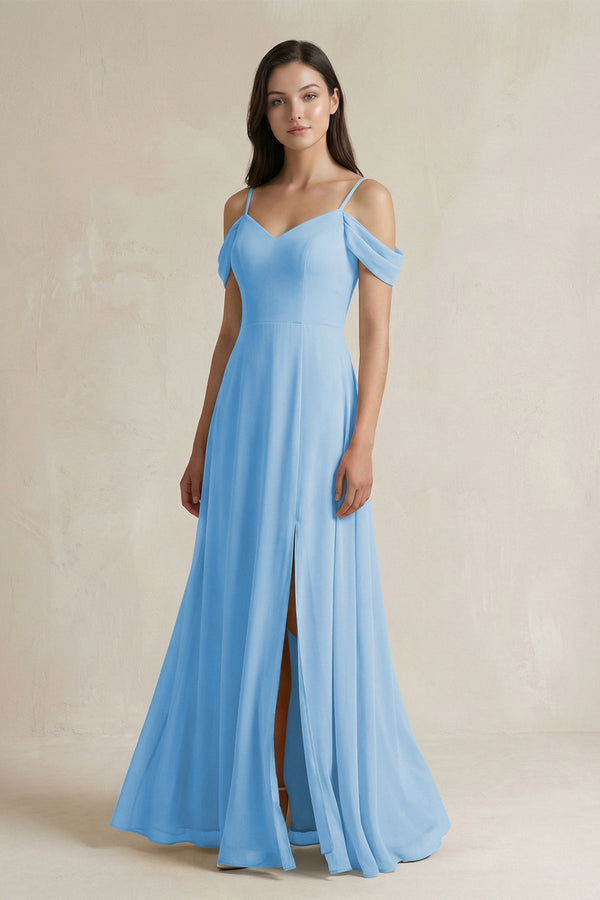 Off - the - Shoulder Chiffon A - Line Bridesmaid Dress in Steel Blue - SHE IS ME Bridesmaid Dresses