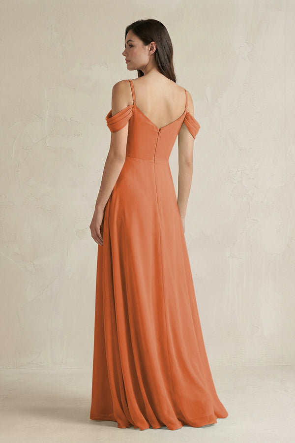 Off - the - Shoulder Chiffon A - Line Bridesmaid Dress in Terracotta - SHE IS ME Bridesmaid Dresses