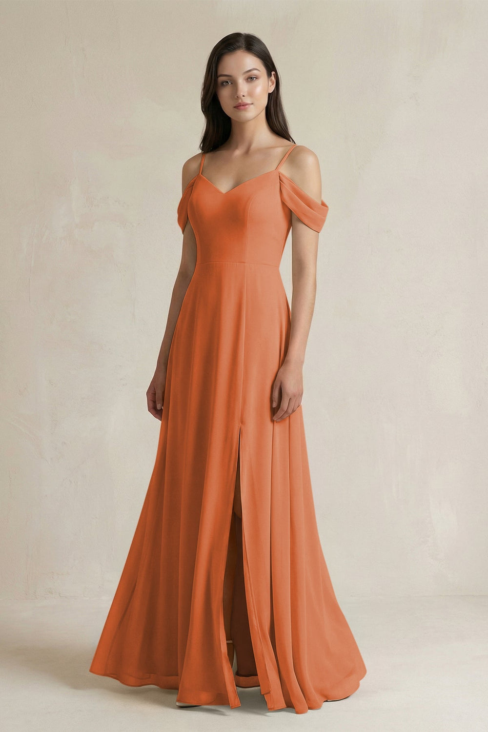 Off - the - Shoulder Chiffon A - Line Bridesmaid Dress in Terracotta - SHE IS ME Bridesmaid Dresses