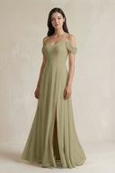 Off - the - Shoulder Chiffon A - Line Bridesmaid Dress in Thyme - SHE IS ME Bridesmaid Dresses