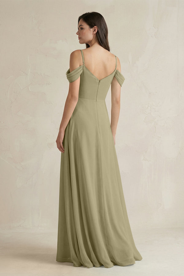 Off - the - Shoulder Chiffon A - Line Bridesmaid Dress in Thyme - SHE IS ME Bridesmaid Dresses