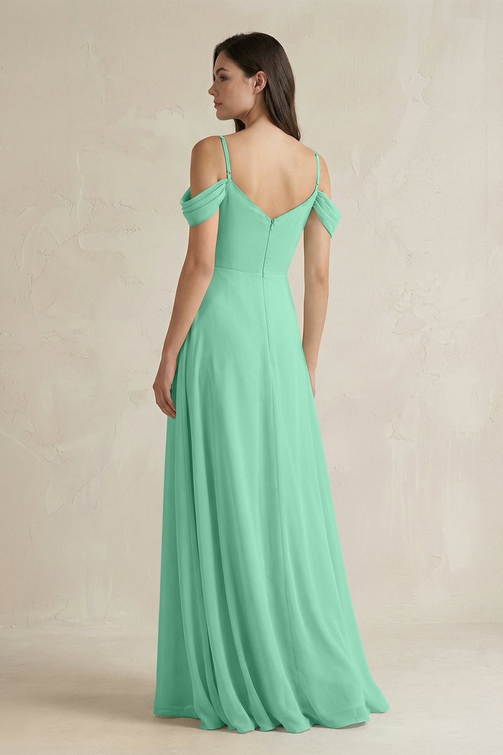 Off - the - Shoulder Chiffon A - Line Bridesmaid Dress in Turquoise - SHE IS ME Bridesmaid Dresses