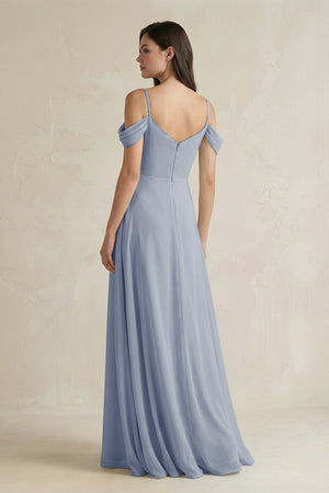 Off - the - Shoulder Chiffon A - Line Bridesmaid Dress in Twilight - SHE IS ME Bridesmaid Dresses