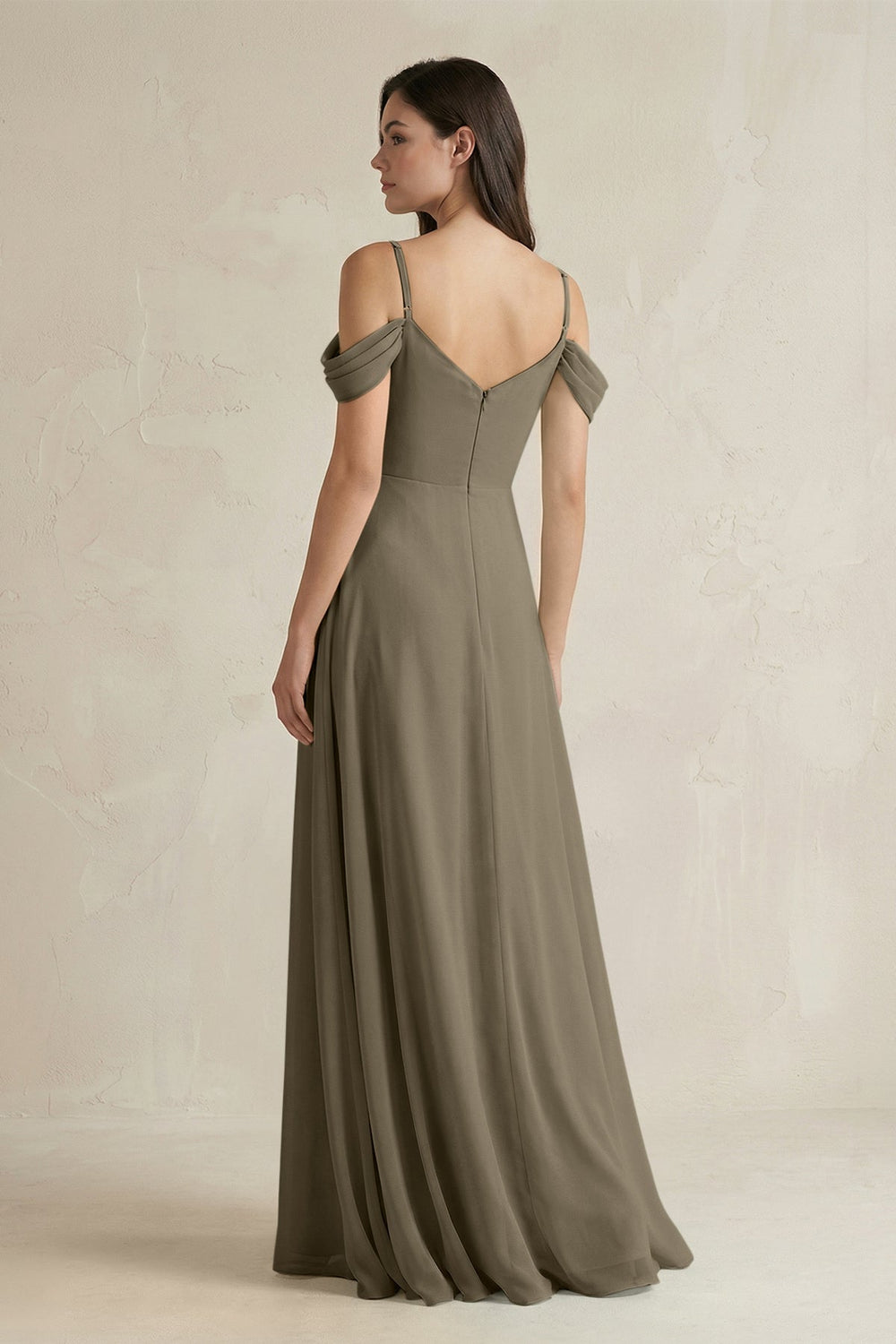 Off - the - Shoulder Chiffon A - Line Bridesmaid Dress in Willow Green - SHE IS ME Bridesmaid Dresses