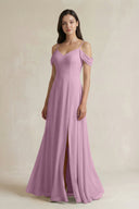 Off - the - Shoulder Chiffon A - Line Bridesmaid Dress in Wisteria - SHE IS ME Bridesmaid Dresses