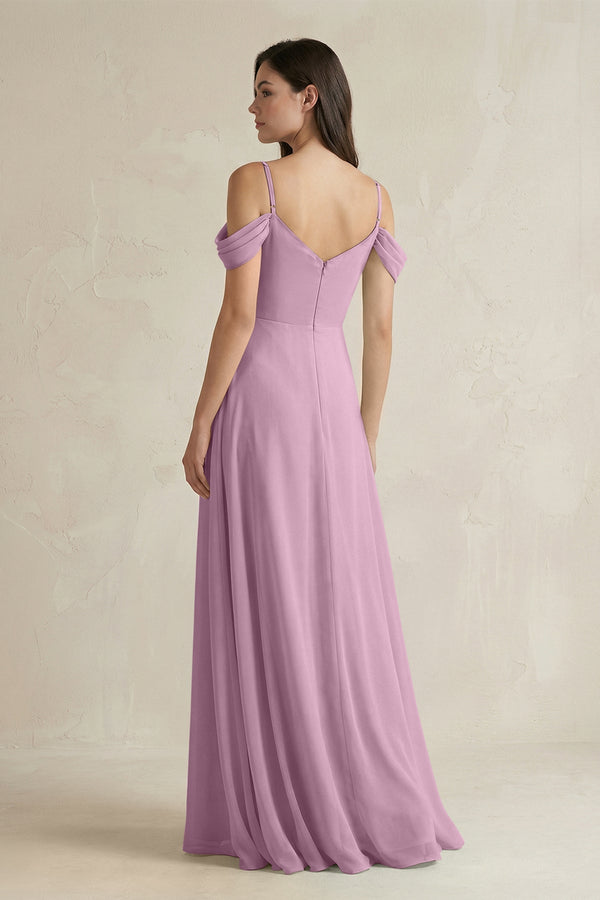 Off - the - Shoulder Chiffon A - Line Bridesmaid Dress in Wisteria - SHE IS ME Bridesmaid Dresses