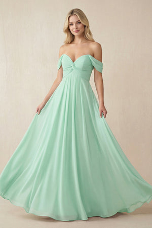 Off - the - Shoulder Chiffon A - Line Long Bridesmaid Dress - SHE IS ME Bridesmaid Dresses