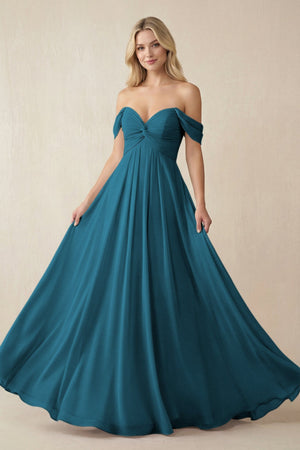 Off - the - Shoulder Chiffon A - Line Long Bridesmaid Dress in Dark Teal - SHE IS ME Bridesmaid Dresses