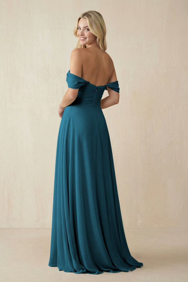 Off - the - Shoulder Chiffon A - Line Long Bridesmaid Dress in Dark Teal - SHE IS ME Bridesmaid Dresses
