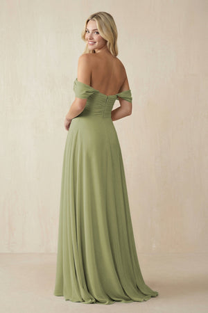 Off - the - Shoulder Chiffon A - Line Long Bridesmaid Dress in Moss Green - SHE IS ME Bridesmaid Dresses