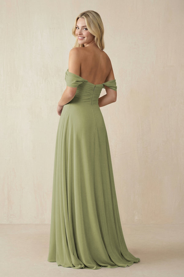 Off - the - Shoulder Chiffon A - Line Long Bridesmaid Dress in Moss Green - SHE IS ME Bridesmaid Dresses