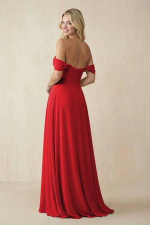 Off - the - Shoulder Chiffon A - Line Long Bridesmaid Dress in Ruby Red - SHE IS ME Bridesmaid Dresses