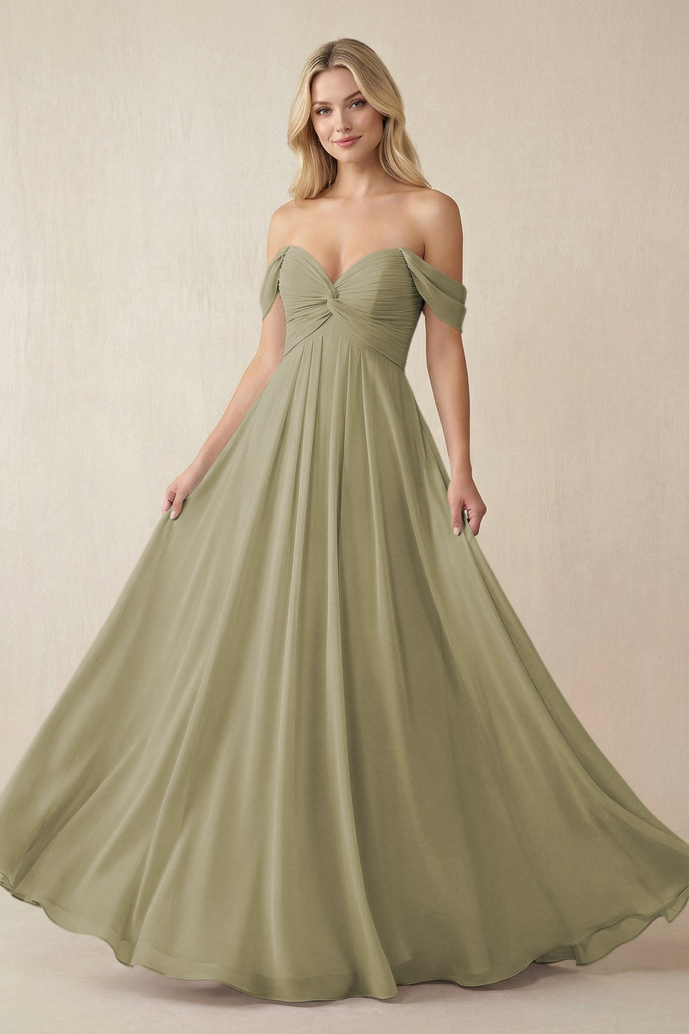 Off - the - Shoulder Chiffon A - Line Long Bridesmaid Dress in Thyme - SHE IS ME Bridesmaid Dresses