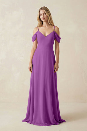 Off - the - Shoulder Chiffon A - Line Maxi Bridesmaid Dress in Amethyst - SHE IS ME Bridesmaid Dresses