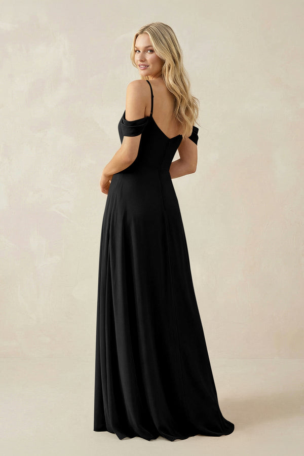 Off - the - Shoulder Chiffon A - Line Maxi Bridesmaid Dress in Black - SHE IS ME Bridesmaid Dresses