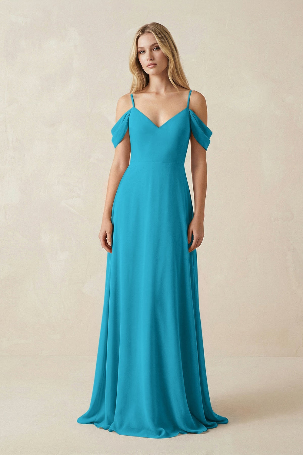 Off - the - Shoulder Chiffon A - Line Maxi Bridesmaid Dress in Blue Jay - SHE IS ME Bridesmaid Dresses
