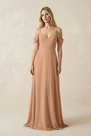 Off - the - Shoulder Chiffon A - Line Maxi Bridesmaid Dress in Bronzer - SHE IS ME Bridesmaid Dresses