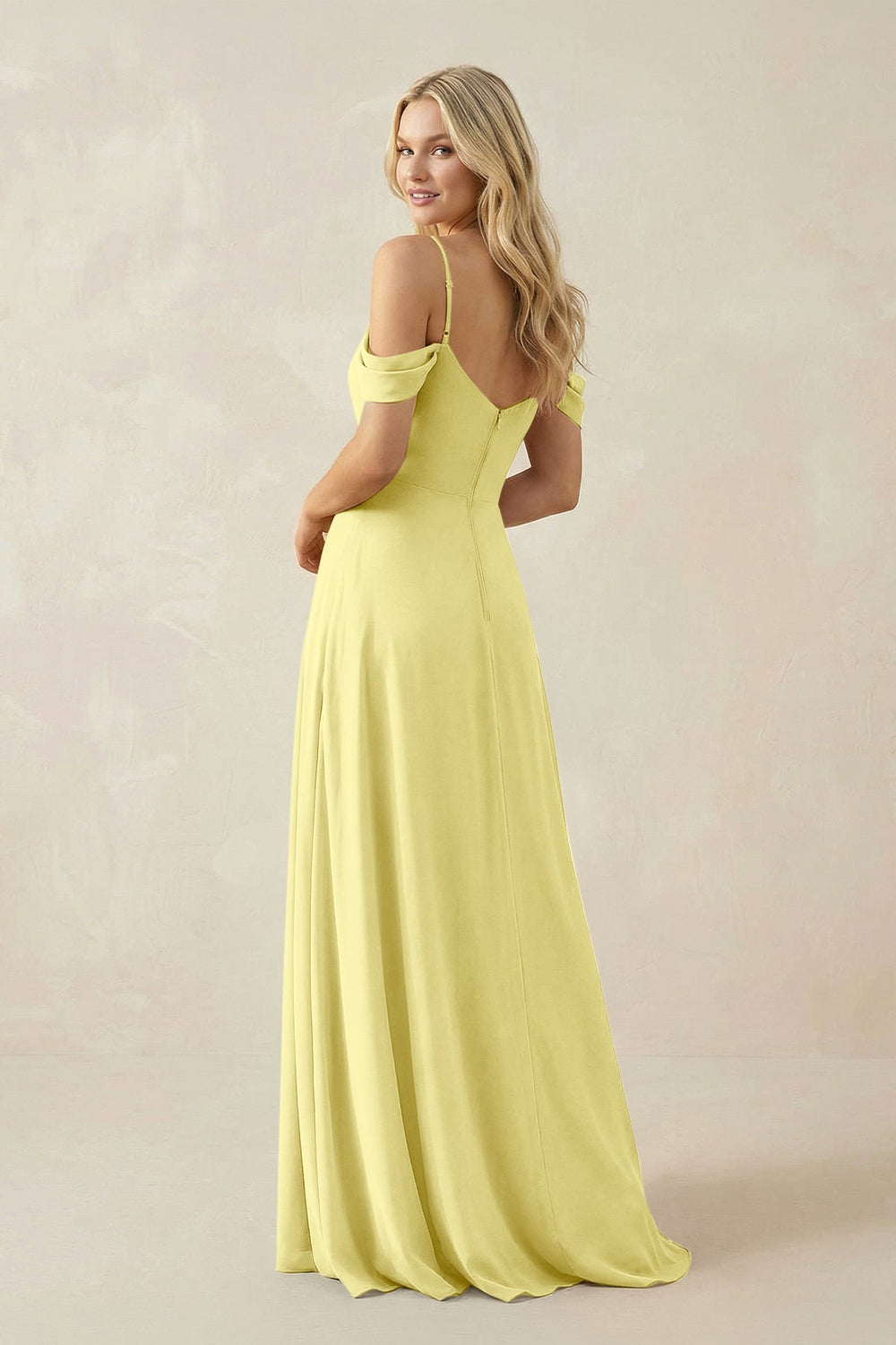 Off - the - Shoulder Chiffon A - Line Maxi Bridesmaid Dress in Buttercup - SHE IS ME Bridesmaid Dresses