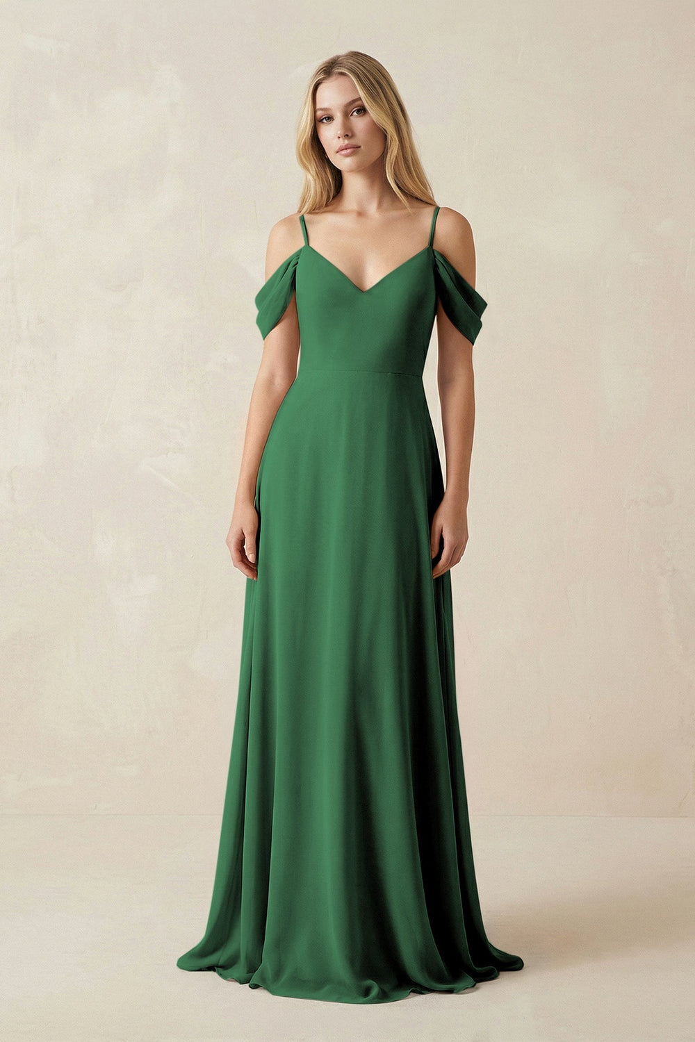 Off - the - Shoulder Chiffon A - Line Maxi Bridesmaid Dress in Dark Green - SHE IS ME Bridesmaid Dresses