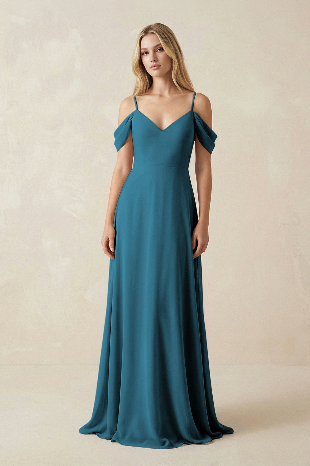 Off - the - Shoulder Chiffon A - Line Maxi Bridesmaid Dress in Dark Teal - SHE IS ME Bridesmaid Dresses