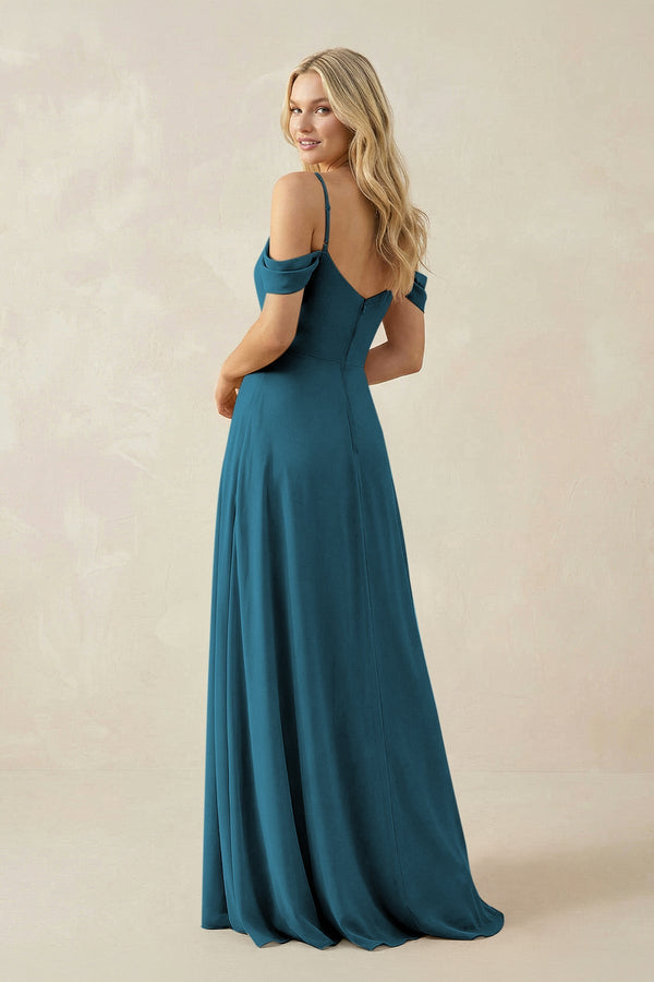Off - the - Shoulder Chiffon A - Line Maxi Bridesmaid Dress in Dark Teal - SHE IS ME Bridesmaid Dresses