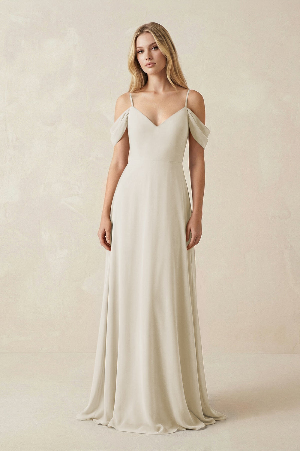 Off - the - Shoulder Chiffon A - Line Maxi Bridesmaid Dress in Dove Gray - SHE IS ME Bridesmaid Dresses
