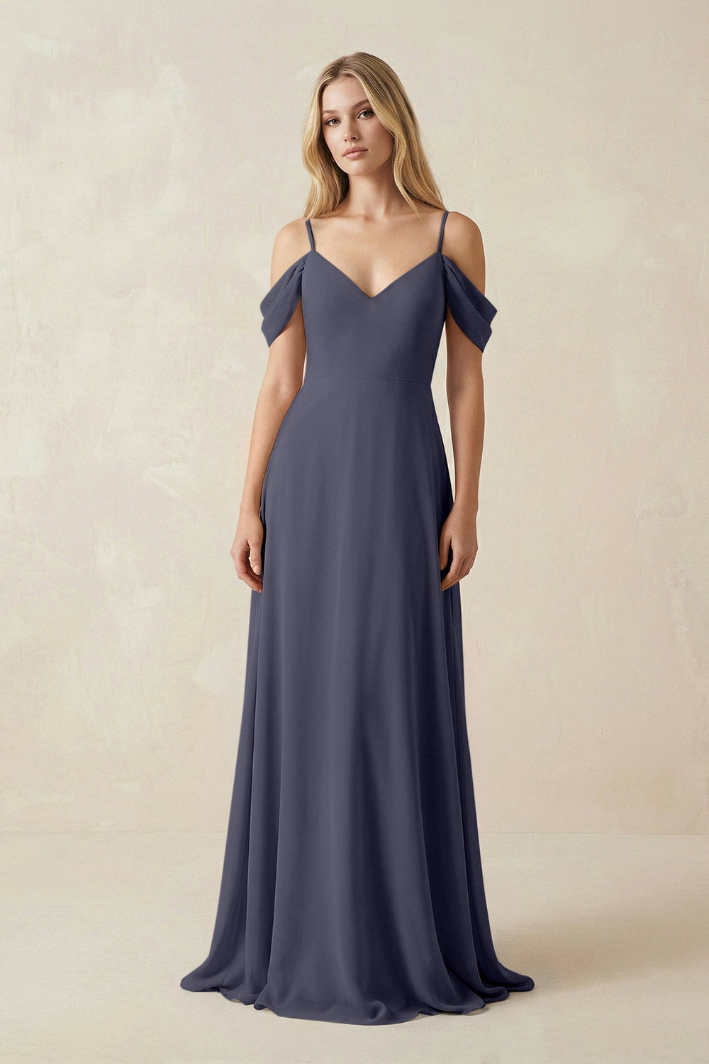 Off - the - Shoulder Chiffon A - Line Maxi Bridesmaid Dress in Dusk Blue - SHE IS ME Bridesmaid Dresses