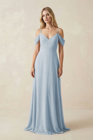 Off - the - Shoulder Chiffon A - Line Maxi Bridesmaid Dress in Dusty Blue - SHE IS ME Bridesmaid Dresses