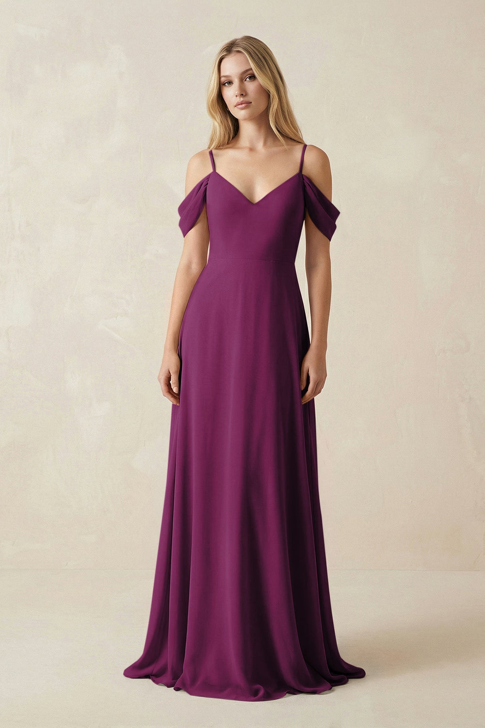 Off - the - Shoulder Chiffon A - Line Maxi Bridesmaid Dress in Fig - SHE IS ME Bridesmaid Dresses