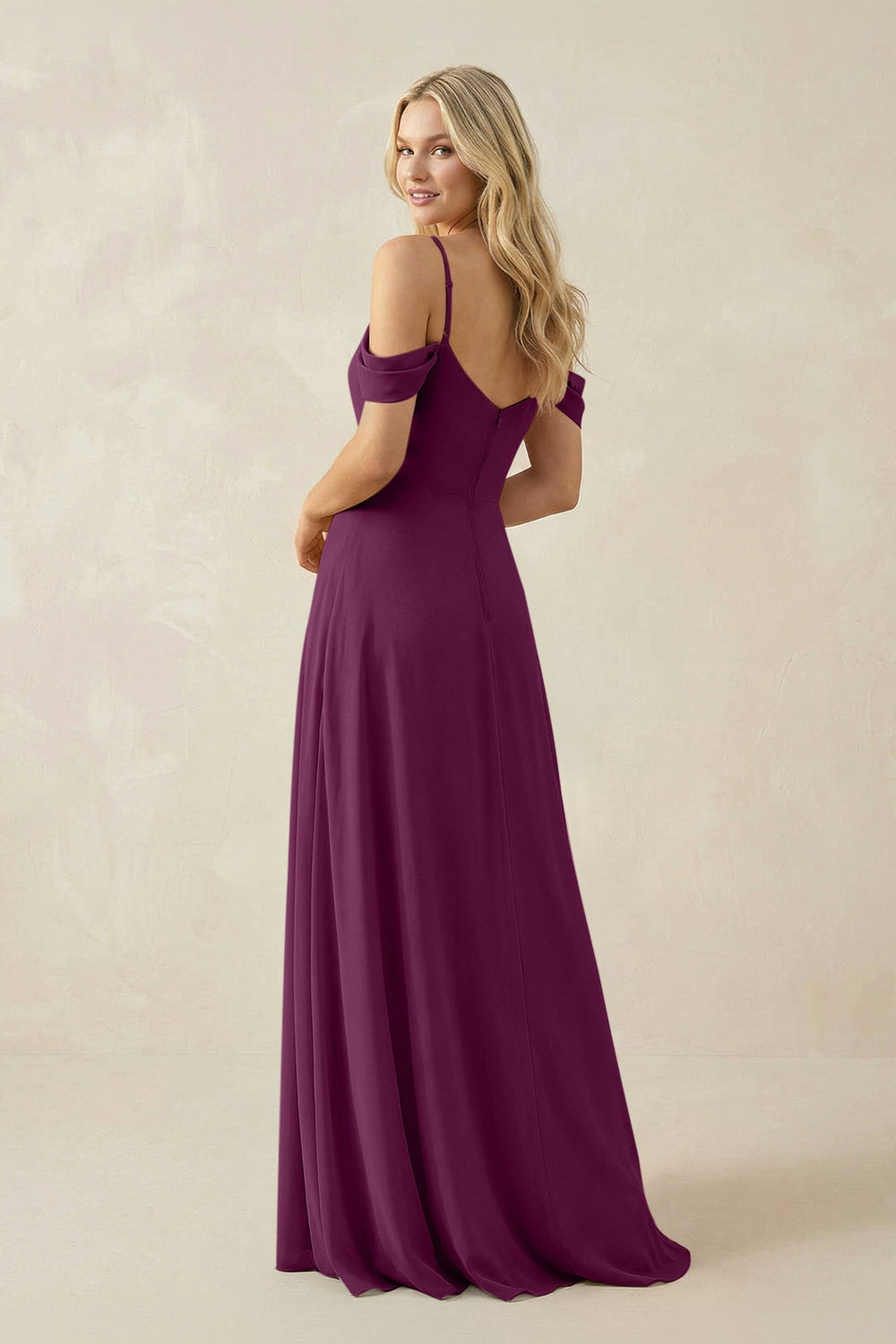 Off - the - Shoulder Chiffon A - Line Maxi Bridesmaid Dress in Fig - SHE IS ME Bridesmaid Dresses