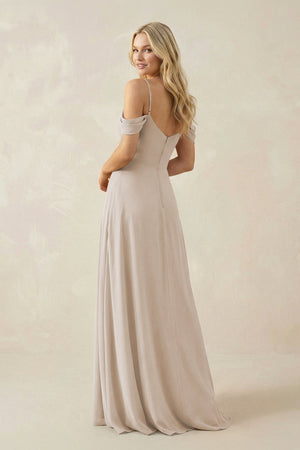 Off - the - Shoulder Chiffon A - Line Maxi Bridesmaid Dress in Frost - SHE IS ME Bridesmaid Dresses