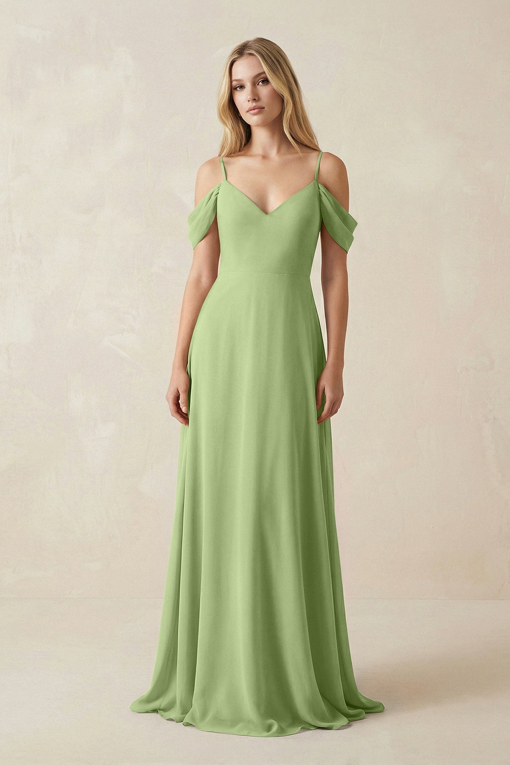 Off - the - Shoulder Chiffon A - Line Maxi Bridesmaid Dress in Matcha - SHE IS ME Bridesmaid Dresses