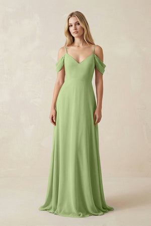 Off - the - Shoulder Chiffon A - Line Maxi Bridesmaid Dress in Matcha - SHE IS ME Bridesmaid Dresses