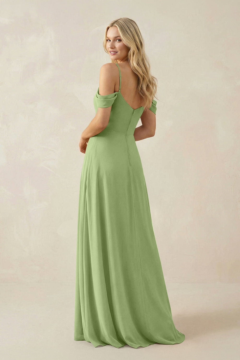 Off - the - Shoulder Chiffon A - Line Maxi Bridesmaid Dress in Matcha - SHE IS ME Bridesmaid Dresses