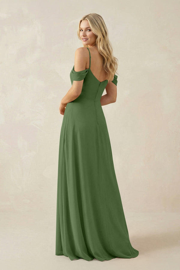 Off - the - Shoulder Chiffon A - Line Maxi Bridesmaid Dress in Moss - SHE IS ME Bridesmaid Dresses