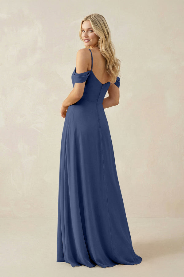 Off - the - Shoulder Chiffon A - Line Maxi Bridesmaid Dress in Navy - SHE IS ME Bridesmaid Dresses