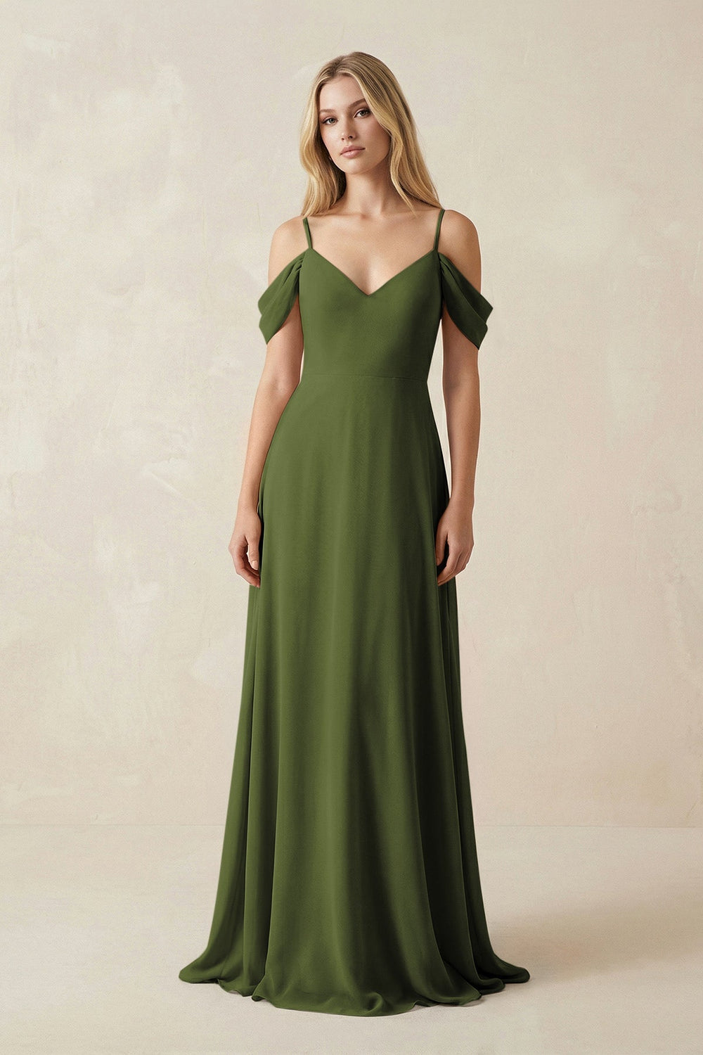 Off - the - Shoulder Chiffon A - Line Maxi Bridesmaid Dress in Olive - SHE IS ME Bridesmaid Dresses