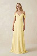 Off - the - Shoulder Chiffon A - Line Maxi Bridesmaid Dress in Pastel Yellow - SHE IS ME Bridesmaid Dresses