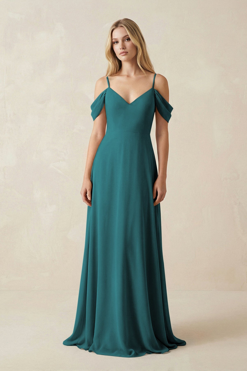 Off - the - Shoulder Chiffon A - Line Maxi Bridesmaid Dress in Pine - SHE IS ME Bridesmaid Dresses
