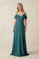 Off - the - Shoulder Chiffon A - Line Maxi Bridesmaid Dress in Pine - SHE IS ME Bridesmaid Dresses