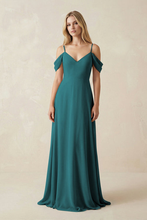 Off - the - Shoulder Chiffon A - Line Maxi Bridesmaid Dress in Pine - SHE IS ME Bridesmaid Dresses