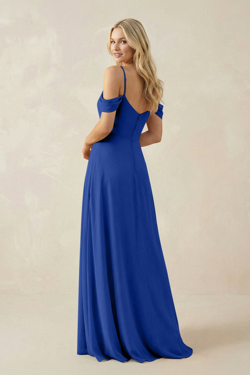 Off - the - Shoulder Chiffon A - Line Maxi Bridesmaid Dress in Royal Blue - SHE IS ME Bridesmaid Dresses