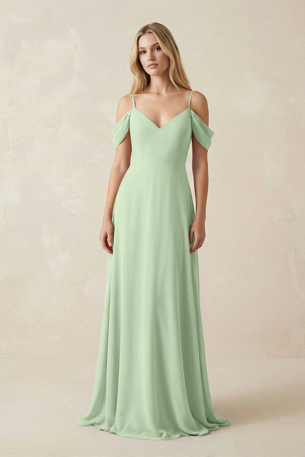 Off - the - Shoulder Chiffon A - Line Maxi Bridesmaid Dress in Sage - SHE IS ME Bridesmaid Dresses