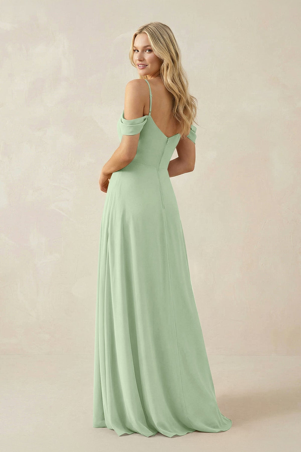 Off - the - Shoulder Chiffon A - Line Maxi Bridesmaid Dress in Sage - SHE IS ME Bridesmaid Dresses