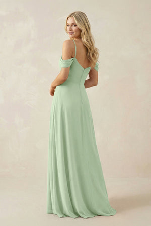 Off - the - Shoulder Chiffon A - Line Maxi Bridesmaid Dress in Sage - SHE IS ME Bridesmaid Dresses
