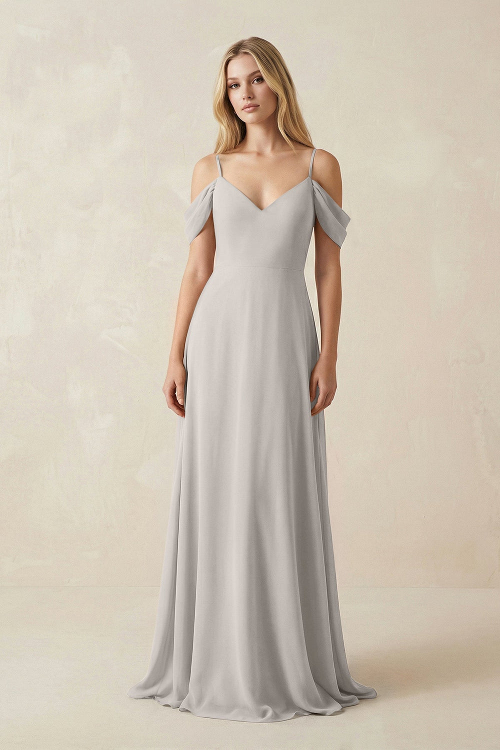 Off - the - Shoulder Chiffon A - Line Maxi Bridesmaid Dress in Silver - SHE IS ME Bridesmaid Dresses