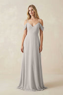 Off - the - Shoulder Chiffon A - Line Maxi Bridesmaid Dress in Silver - SHE IS ME Bridesmaid Dresses