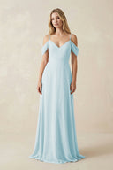 Off - the - Shoulder Chiffon A - Line Maxi Bridesmaid Dress in Sky Blue - SHE IS ME Bridesmaid Dresses