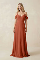 Off - the - Shoulder Chiffon A - Line Maxi Bridesmaid Dress in Spice - SHE IS ME Bridesmaid Dresses
