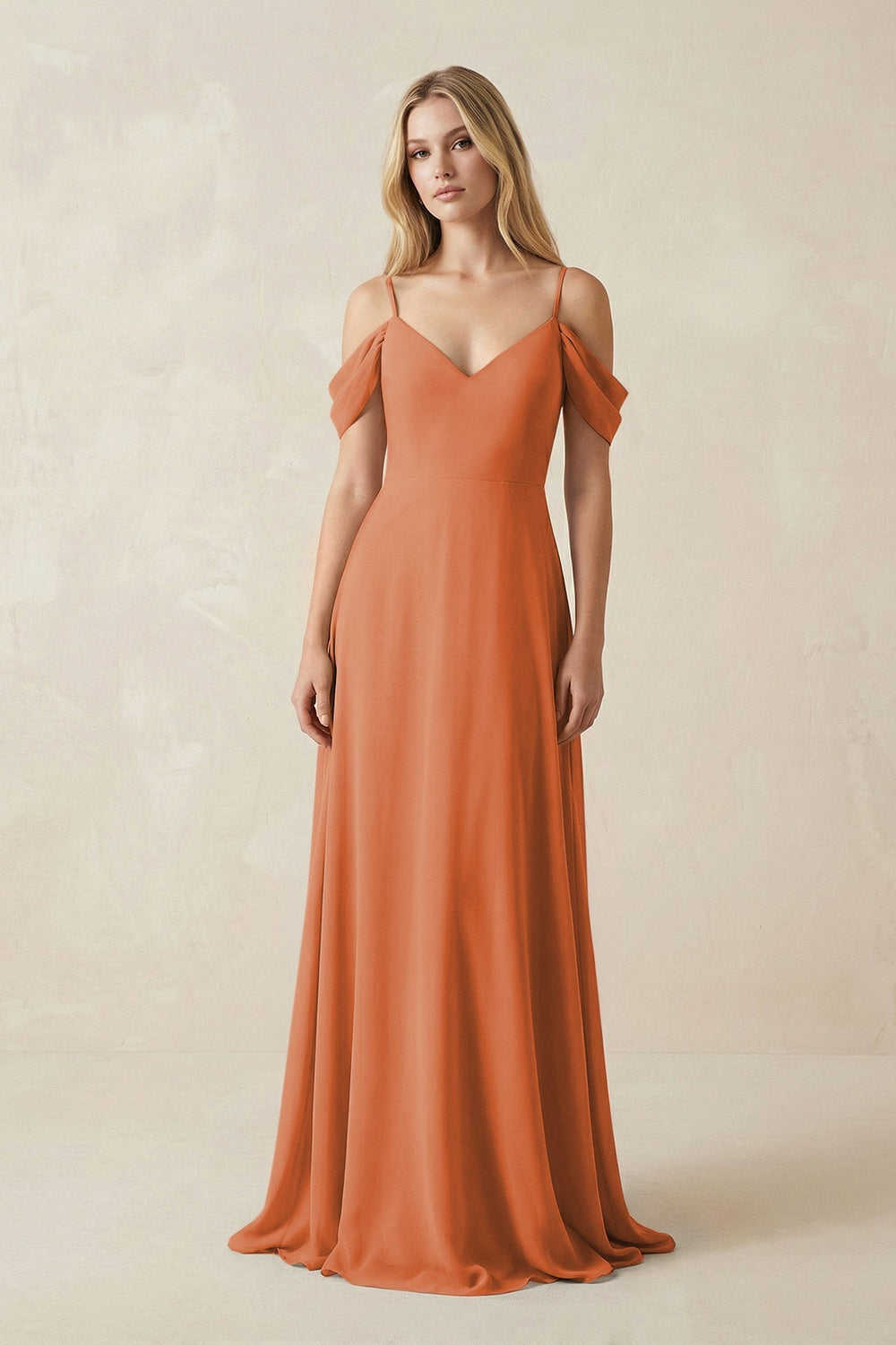 Off - the - Shoulder Chiffon A - Line Maxi Bridesmaid Dress in Terracotta - SHE IS ME Bridesmaid Dresses